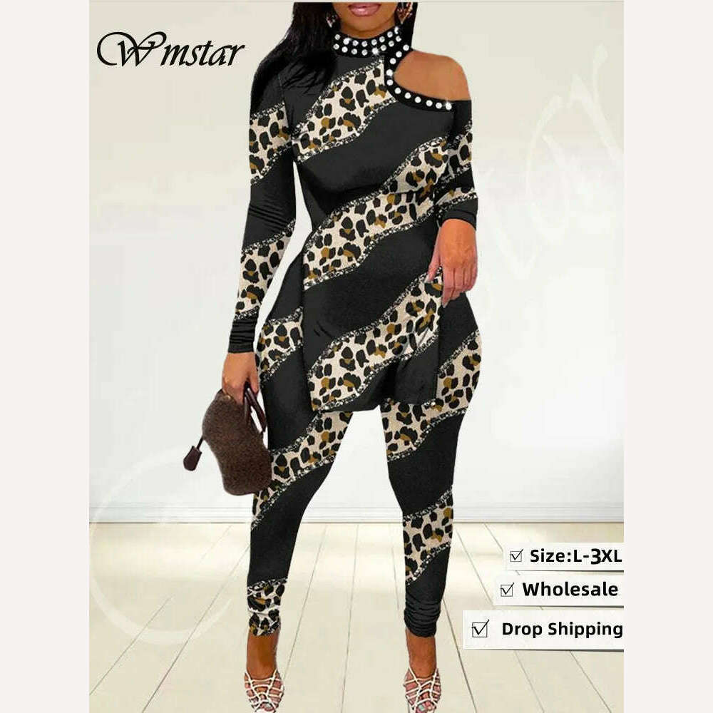 KIMLUD, Wmstar Two Piece Set Women Clothing Tops and Pants Hollow Out Sleeve Leopard Leggings Matching Suit Wholesale Dropshipping 2023, KIMLUD Womens Clothes