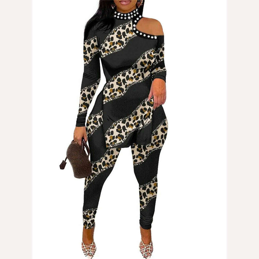 KIMLUD, Wmstar Two Piece Set Women Clothing Tops and Pants Hollow Out Sleeve Leopard Leggings Matching Suit Wholesale Dropshipping 2023, KIMLUD Womens Clothes