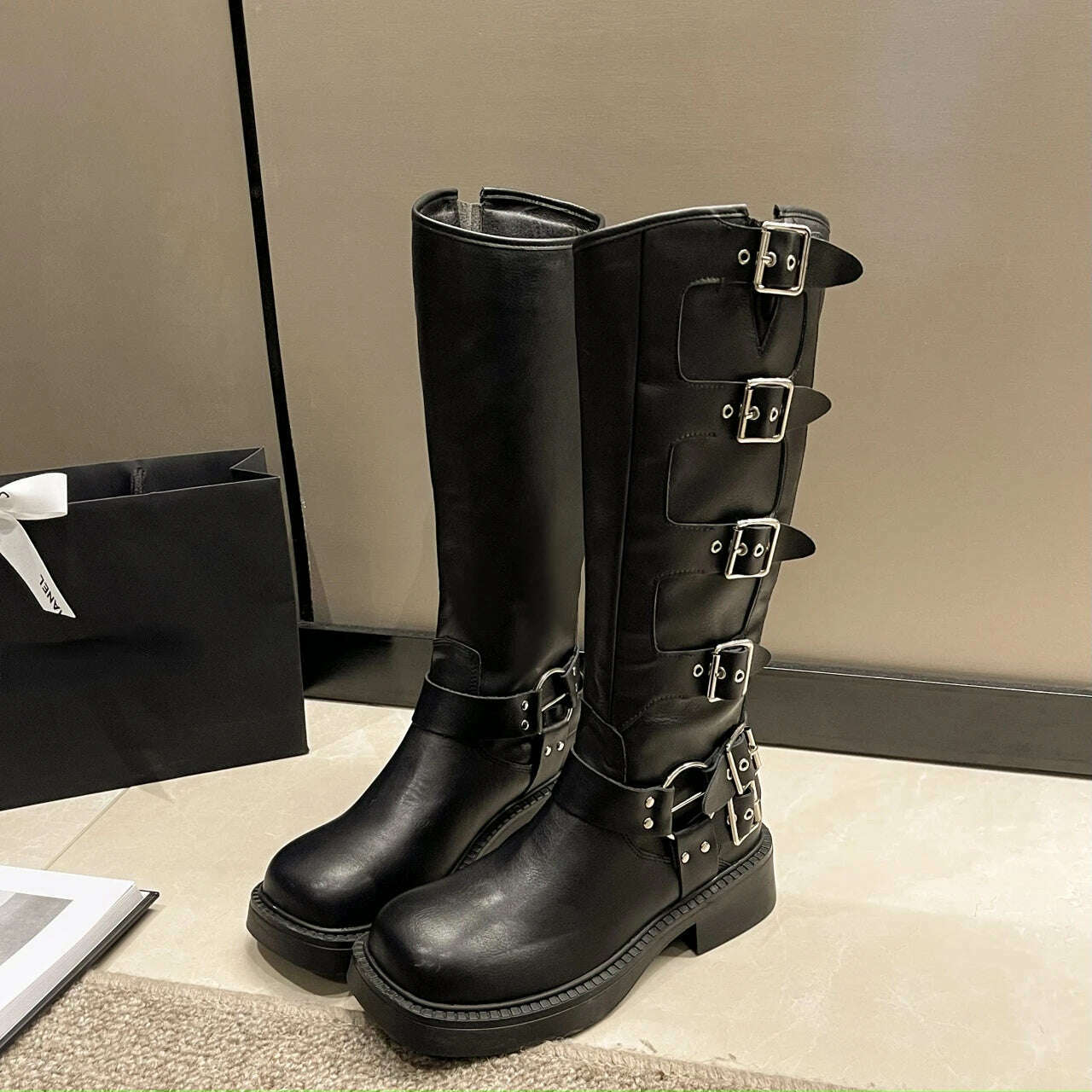 KIMLUD, Woman Boots Knee High Platfrom Studded Spring Summer Knight Combat Gothic Elegant Medium Heel Women's Shoes Motorcycle Footwear, Black / 35, KIMLUD APPAREL - Womens Clothes