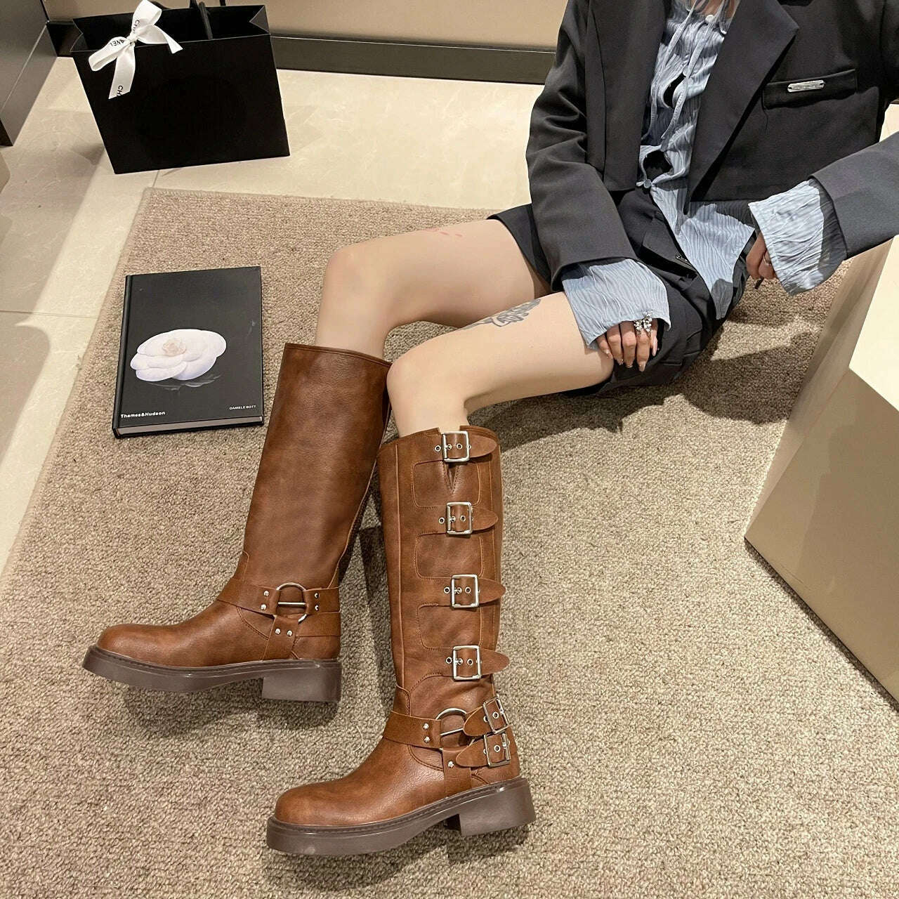 KIMLUD, Woman Boots Knee High Platfrom Studded Spring Summer Knight Combat Gothic Elegant Medium Heel Women's Shoes Motorcycle Footwear, KIMLUD Womens Clothes