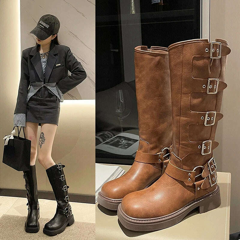 KIMLUD, Woman Boots Knee High Platfrom Studded Spring Summer Knight Combat Gothic Elegant Medium Heel Women's Shoes Motorcycle Footwear, KIMLUD Womens Clothes