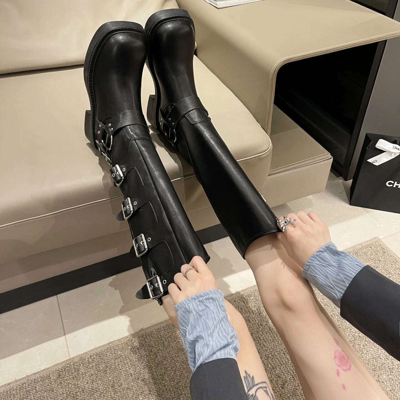 KIMLUD, Woman Boots Knee High Platfrom Studded Spring Summer Knight Combat Gothic Elegant Medium Heel Women's Shoes Motorcycle Footwear, KIMLUD Womens Clothes