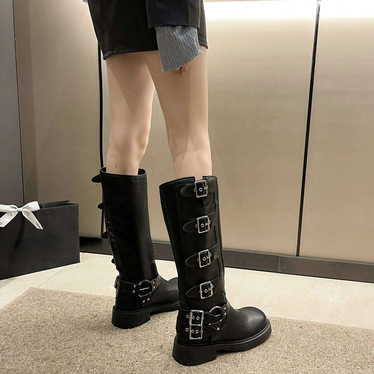 KIMLUD, Woman Boots Knee High Platfrom Studded Spring Summer Knight Combat Gothic Elegant Medium Heel Women's Shoes Motorcycle Footwear, KIMLUD Womens Clothes