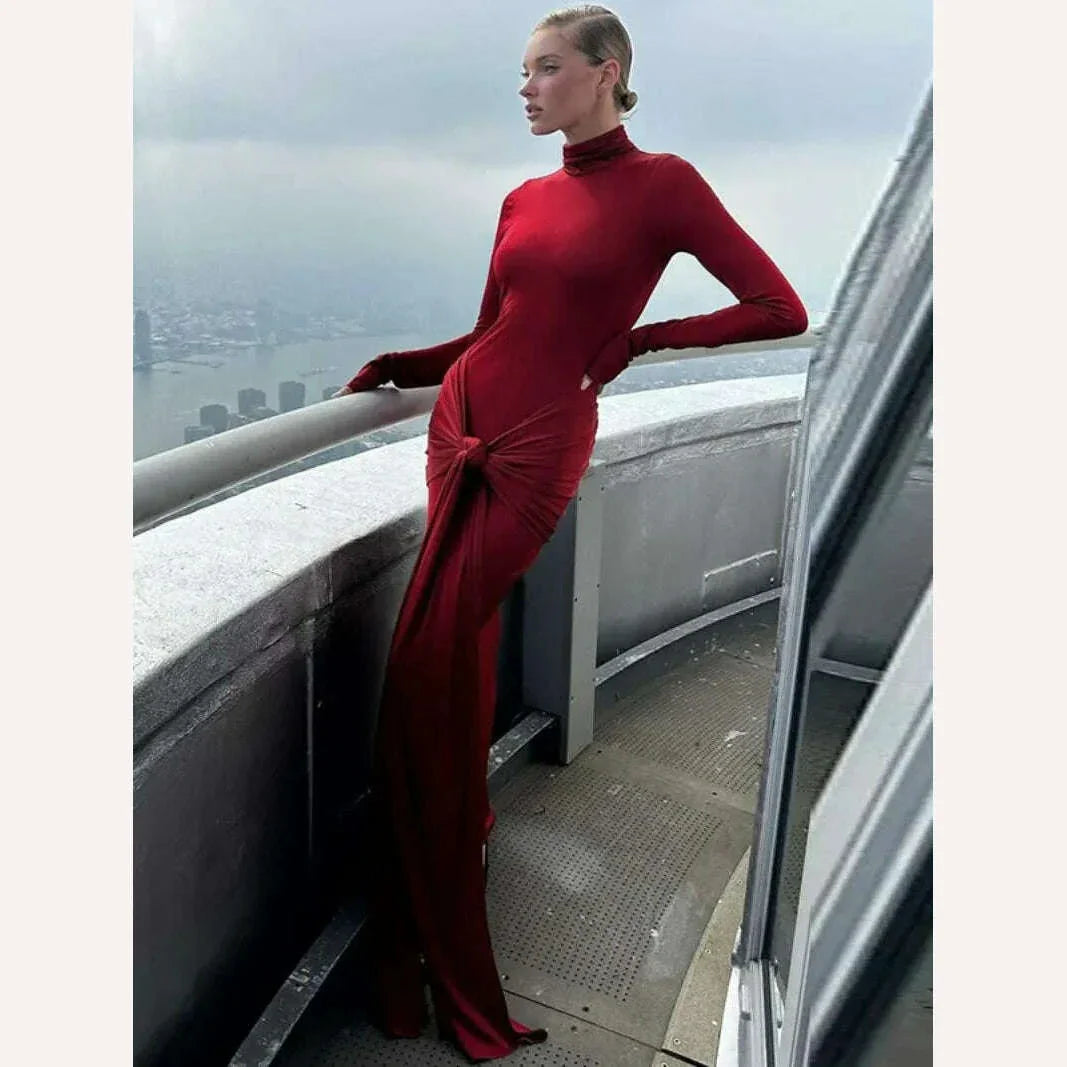 KIMLUD, Woman Clothing Turtleneck Low Waist Bandage Bodycon Holiday Dress Streetwear Autumn Winter Solid Slim Party Club Long Dresses, KIMLUD Womens Clothes