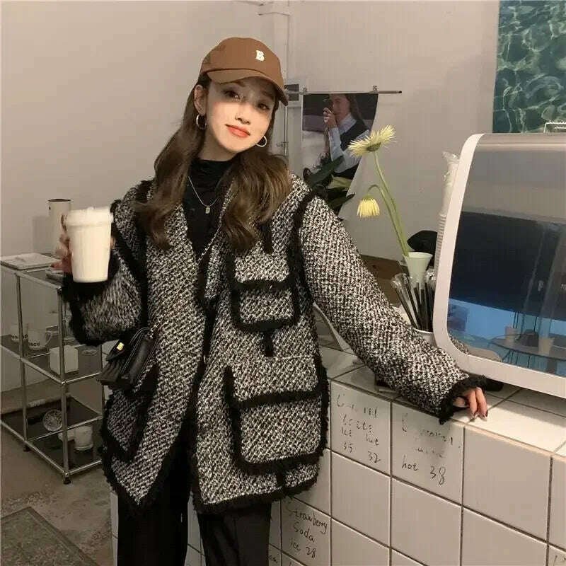 KIMLUD, Woman Jacket Vintage Black Ripped V-neck Coat Stitch Casual Office Ladies Elegant Chic Coats Temperament Fashion Autumn Outfits, Padded jacket / S, KIMLUD APPAREL - Womens Clothes