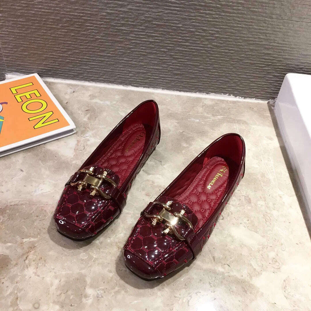 KIMLUD, Woman's Flats Casuales for Female Soft Bottom Comfortable Square Head Single Shoes White Black Red Ladies Spring Autumn Loafers, Red wine / 35, KIMLUD APPAREL - Womens Clothes