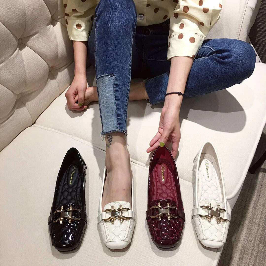 KIMLUD, Woman's Flats Casuales for Female Soft Bottom Comfortable Square Head Single Shoes White Black Red Ladies Spring Autumn Loafers, KIMLUD Womens Clothes