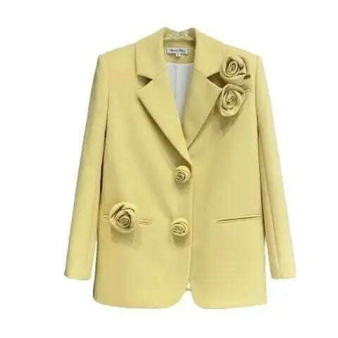 KIMLUD, Woman's Autumn/winter Retro Small Fragrance Rose Yellow Blazers French Solid Color Loose Three-dimensional Flower Suit Jackets, KIMLUD Womens Clothes