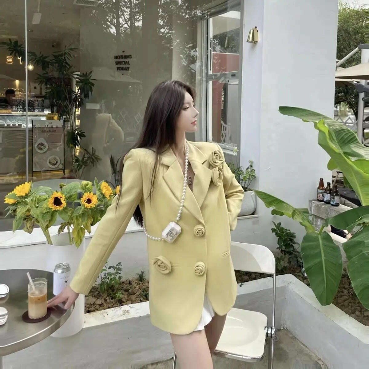 KIMLUD, Woman's Autumn/winter Retro Small Fragrance Rose Yellow Blazers French Solid Color Loose Three-dimensional Flower Suit Jackets, KIMLUD Womens Clothes