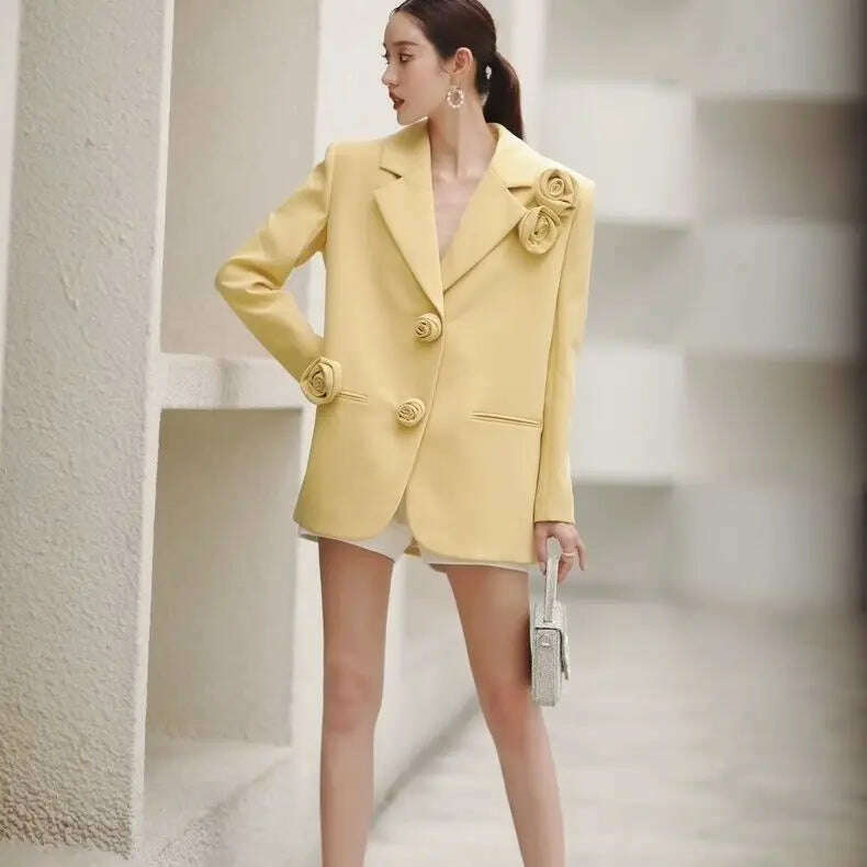 KIMLUD, Woman's Autumn/winter Retro Small Fragrance Rose Yellow Blazers French Solid Color Loose Three-dimensional Flower Suit Jackets, KIMLUD Womens Clothes