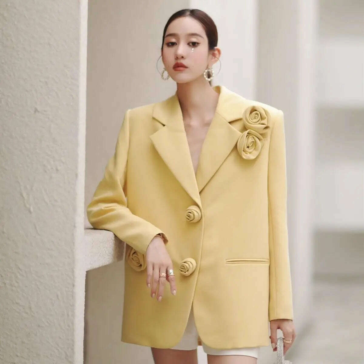 KIMLUD, Woman's Autumn/winter Retro Small Fragrance Rose Yellow Blazers French Solid Color Loose Three-dimensional Flower Suit Jackets, KIMLUD Womens Clothes