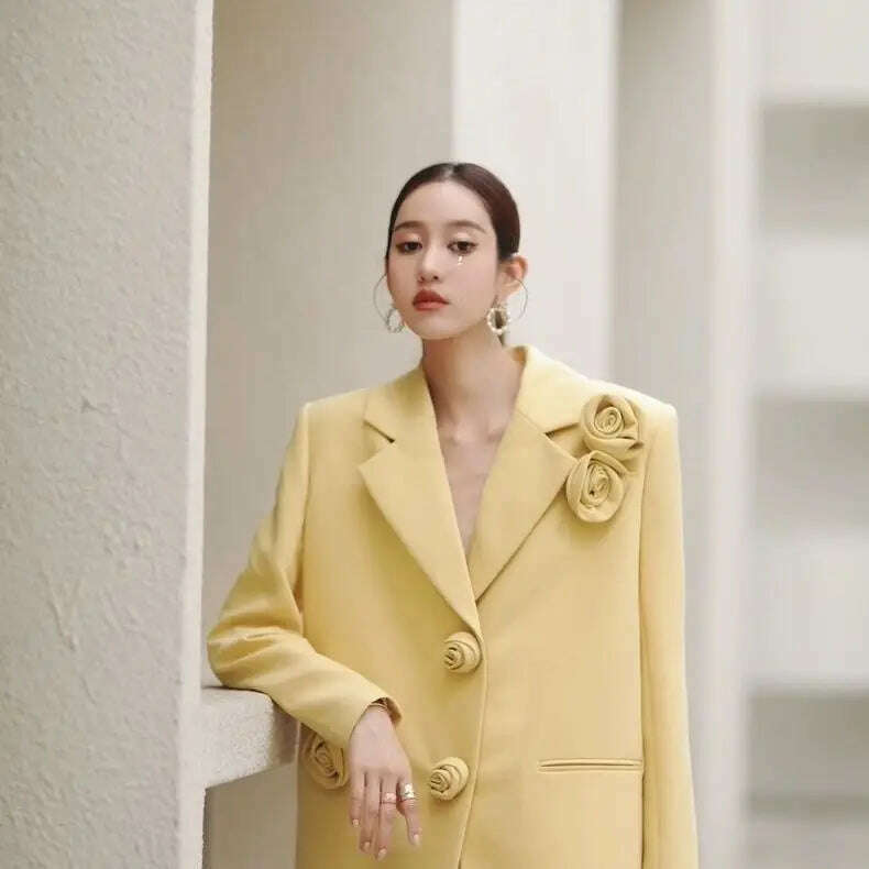 KIMLUD, Woman's Autumn/winter Retro Small Fragrance Rose Yellow Blazers French Solid Color Loose Three-dimensional Flower Suit Jackets, KIMLUD Womens Clothes