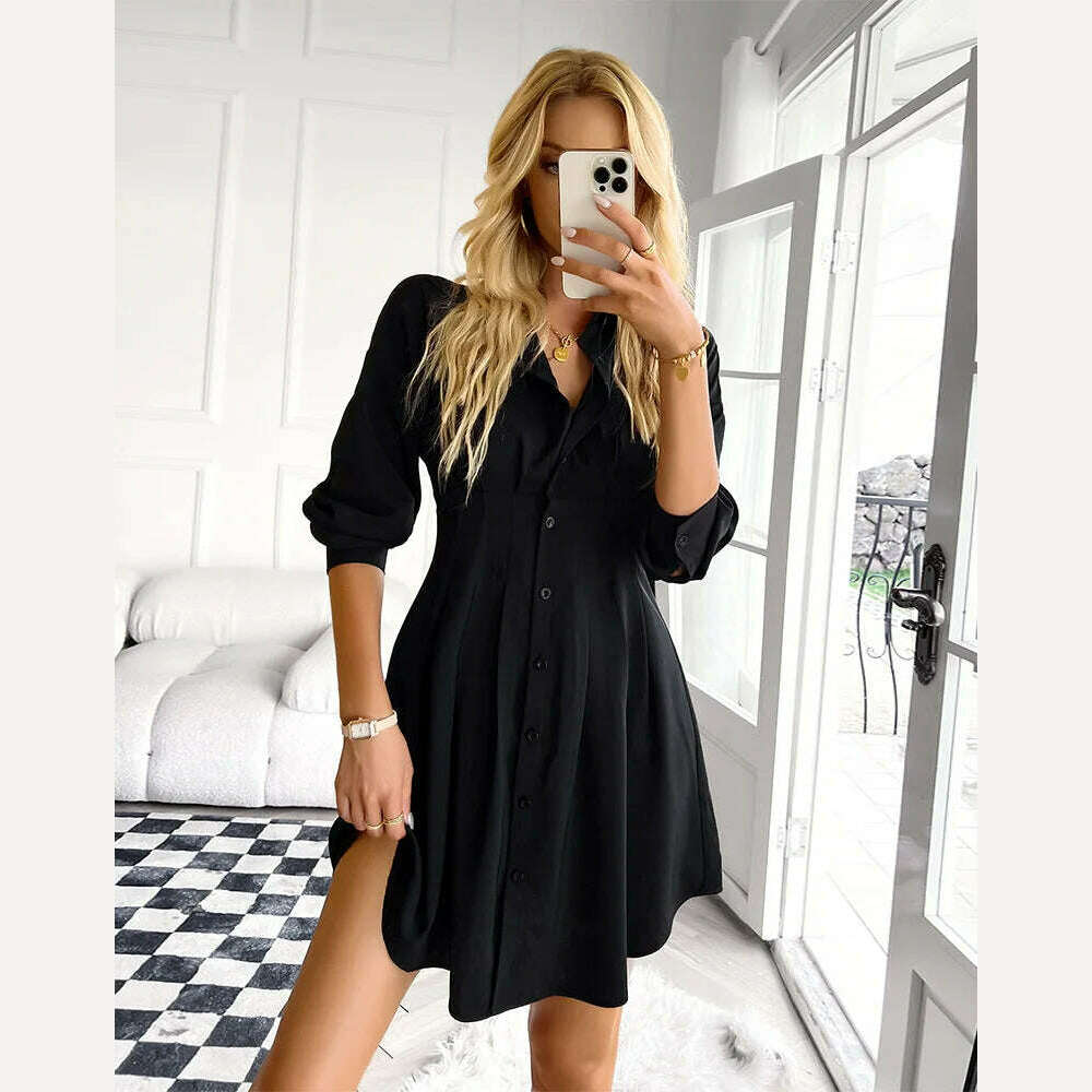 KIMLUD, Women 2023 Spring Casual Long Sleeve Ruched Bodycon Shirt Sun Beach Summer Mini Dresses Casual Shirt Dress For Autumn Winter, KIMLUD Womens Clothes