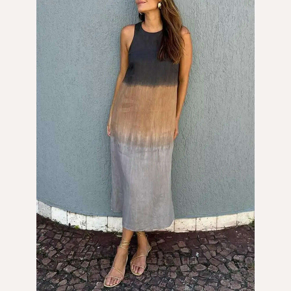 KIMLUD, Women 2024 Summer Boho Dresses Elegant Vintage Cotton Linen Sleeveless Dress Gradient Loose Casual Beach O Neck Print Vestidos, Khaki / XXXL, KIMLUD APPAREL - Womens Clothes