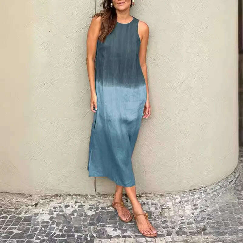 KIMLUD, Women 2024 Summer Boho Dresses Elegant Vintage Cotton Linen Sleeveless Dress Gradient Loose Casual Beach O Neck Print Vestidos, Blue / L, KIMLUD APPAREL - Womens Clothes