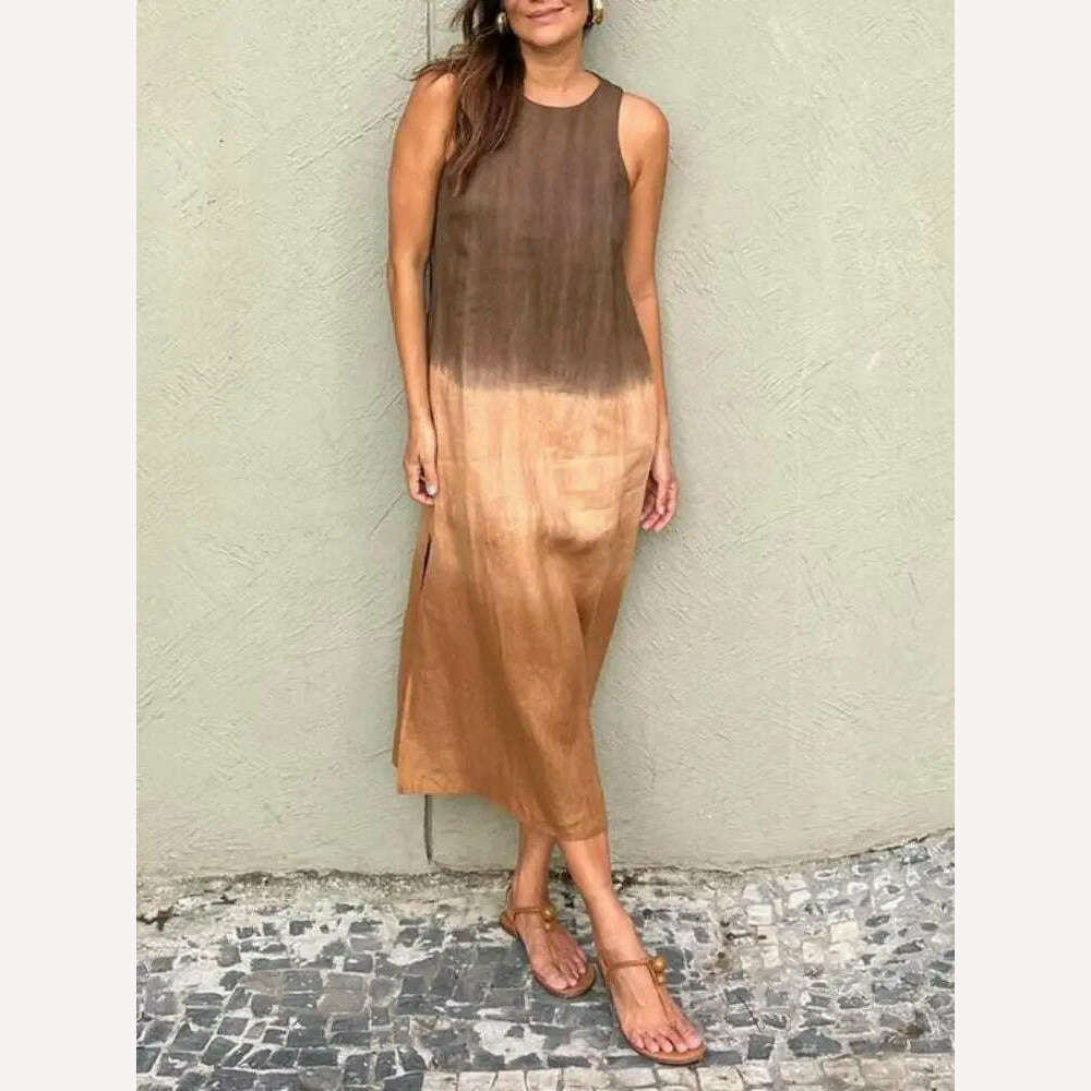 KIMLUD, Women 2024 Summer Boho Dresses Elegant Vintage Cotton Linen Sleeveless Dress Gradient Loose Casual Beach O Neck Print Vestidos, KIMLUD Womens Clothes