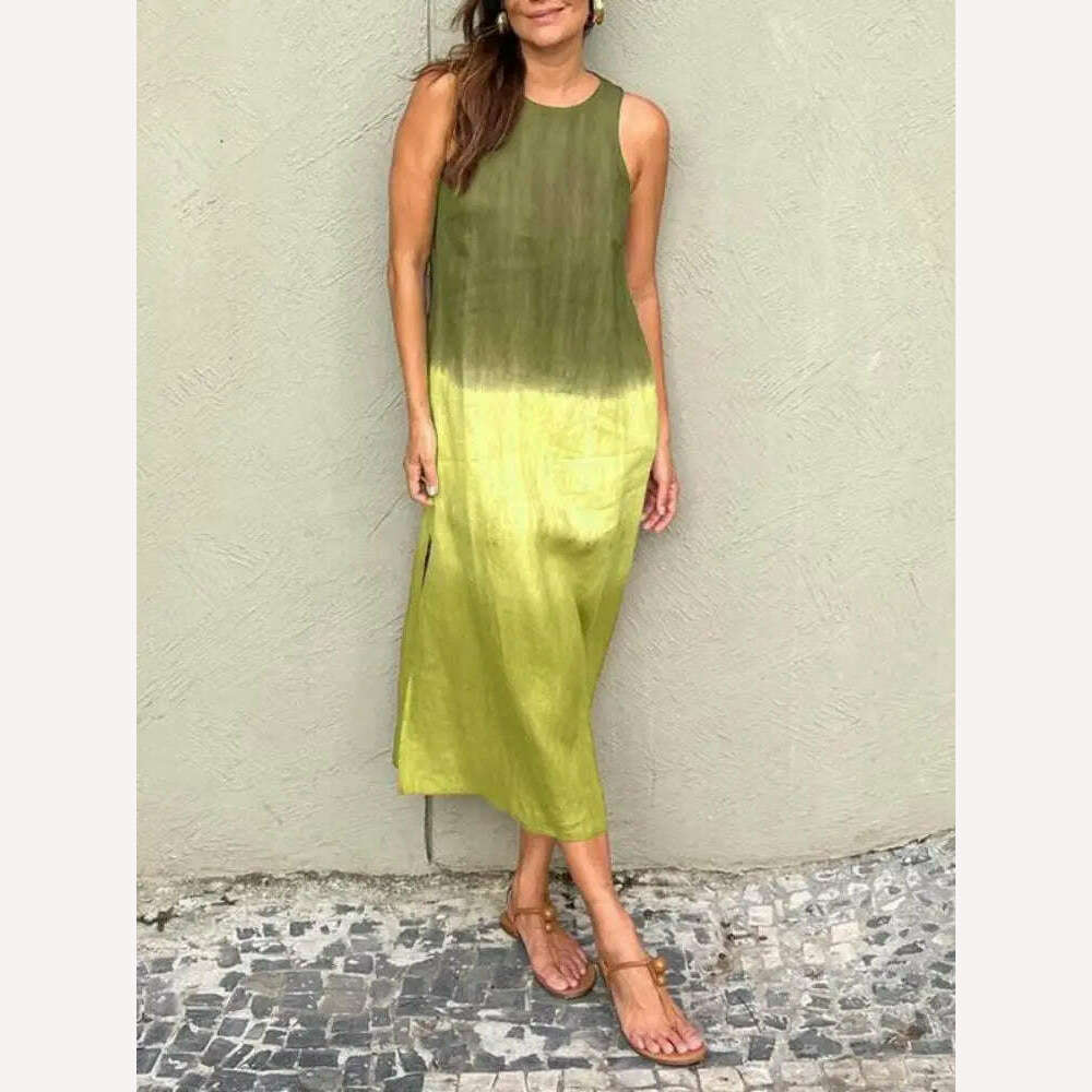 KIMLUD, Women 2024 Summer Boho Dresses Elegant Vintage Cotton Linen Sleeveless Dress Gradient Loose Casual Beach O Neck Print Vestidos, KIMLUD Womens Clothes