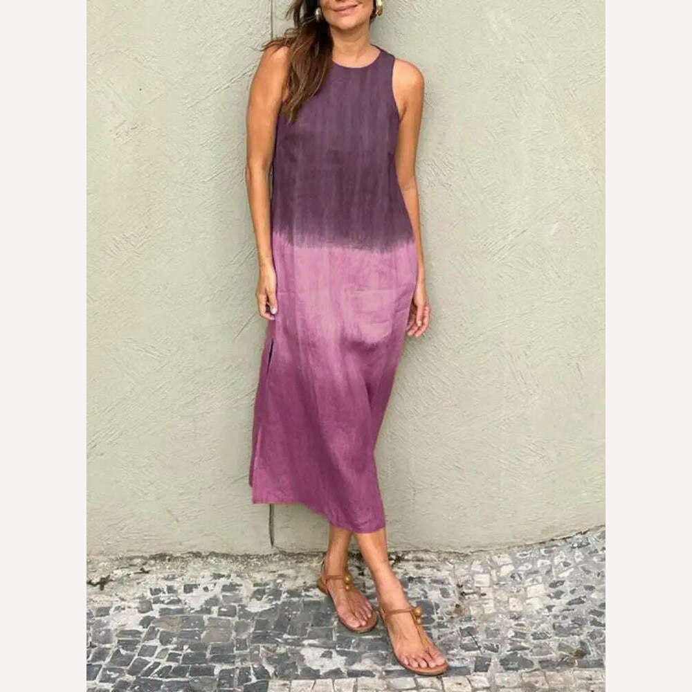 KIMLUD, Women 2024 Summer Boho Dresses Elegant Vintage Cotton Linen Sleeveless Dress Gradient Loose Casual Beach O Neck Print Vestidos, KIMLUD Womens Clothes