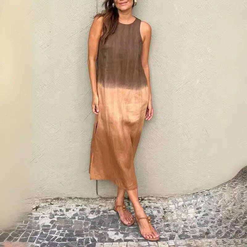 KIMLUD, Women 2024 Summer Boho Dresses Elegant Vintage Cotton Linen Sleeveless Dress Gradient Loose Casual Beach O Neck Print Vestidos, Brown / XXL, KIMLUD APPAREL - Womens Clothes