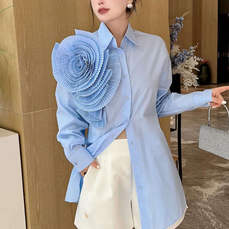 KIMLUD, Women 3D Ruched Large Flowers Shirts Long Sleeved Luxury Pleated Floral Blouses Streetwear Single Breasted Cardigan Tops Blusas, Sky Blue / S, KIMLUD Womens Clothes