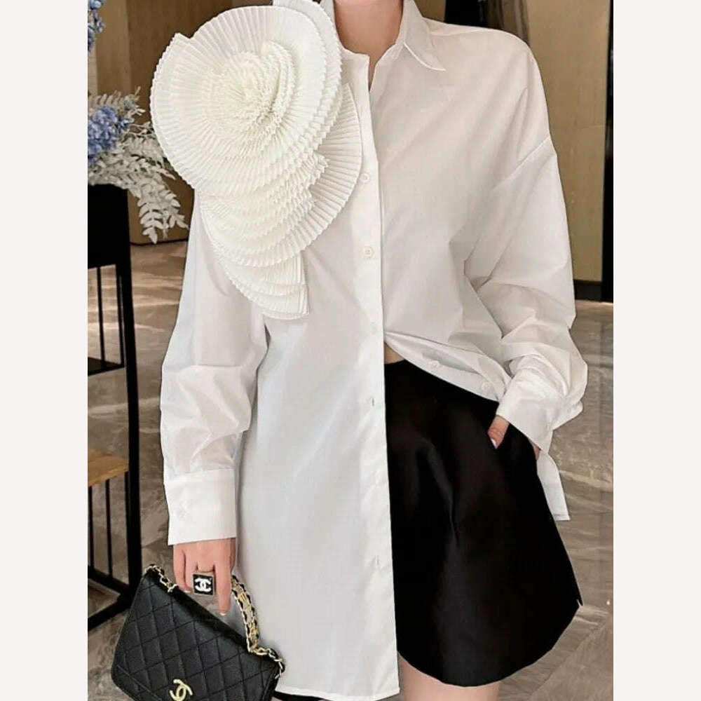 Women 3D Ruched Large Flowers Shirts Long Sleeved Luxury Pleated Floral Blouses Streetwear Single Breasted Cardigan Tops Blusas - KIMLUD