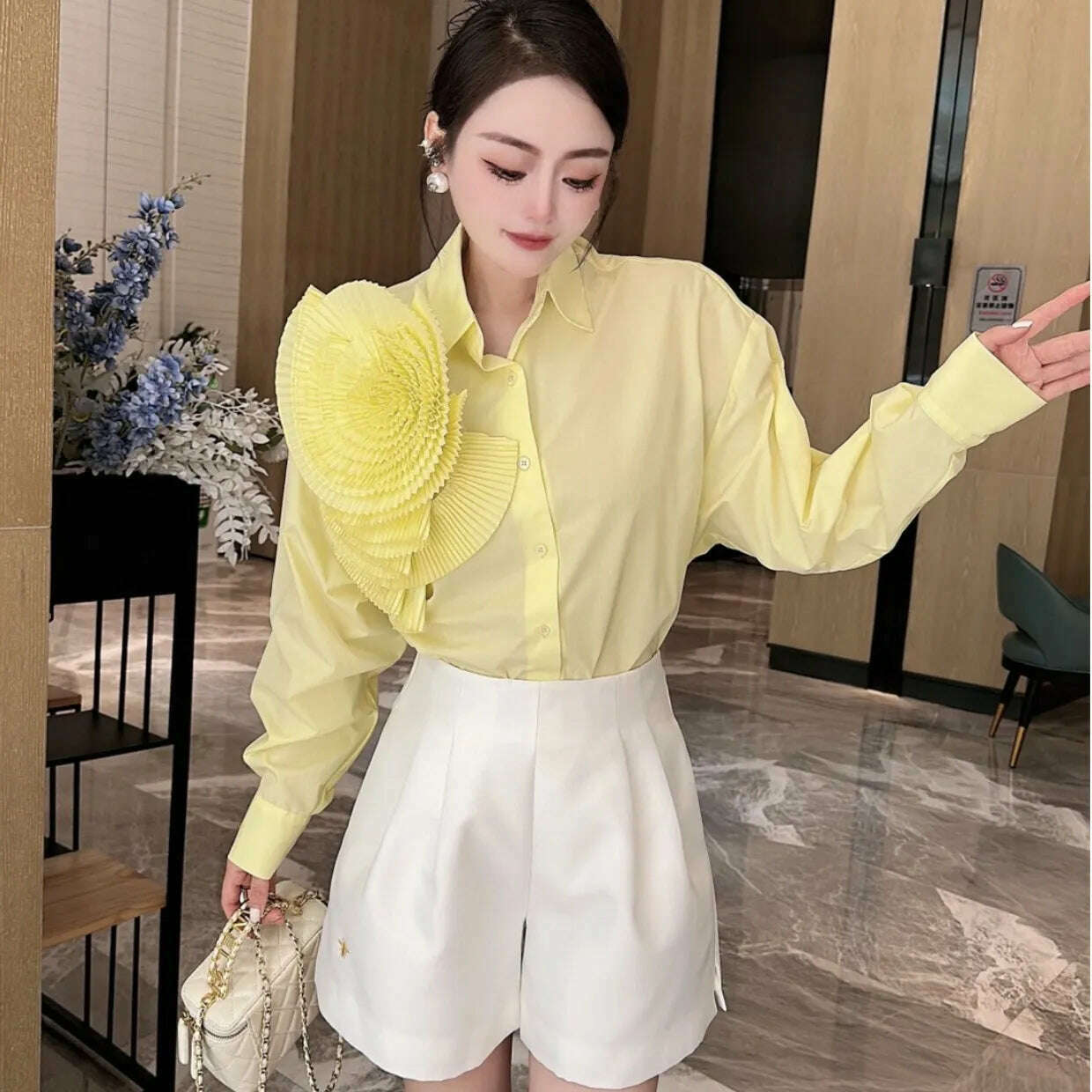KIMLUD, Women 3D Ruched Large Flowers Shirts Long Sleeved Luxury Pleated Floral Blouses Streetwear Single Breasted Cardigan Tops Blusas, Yellow / S, KIMLUD Womens Clothes