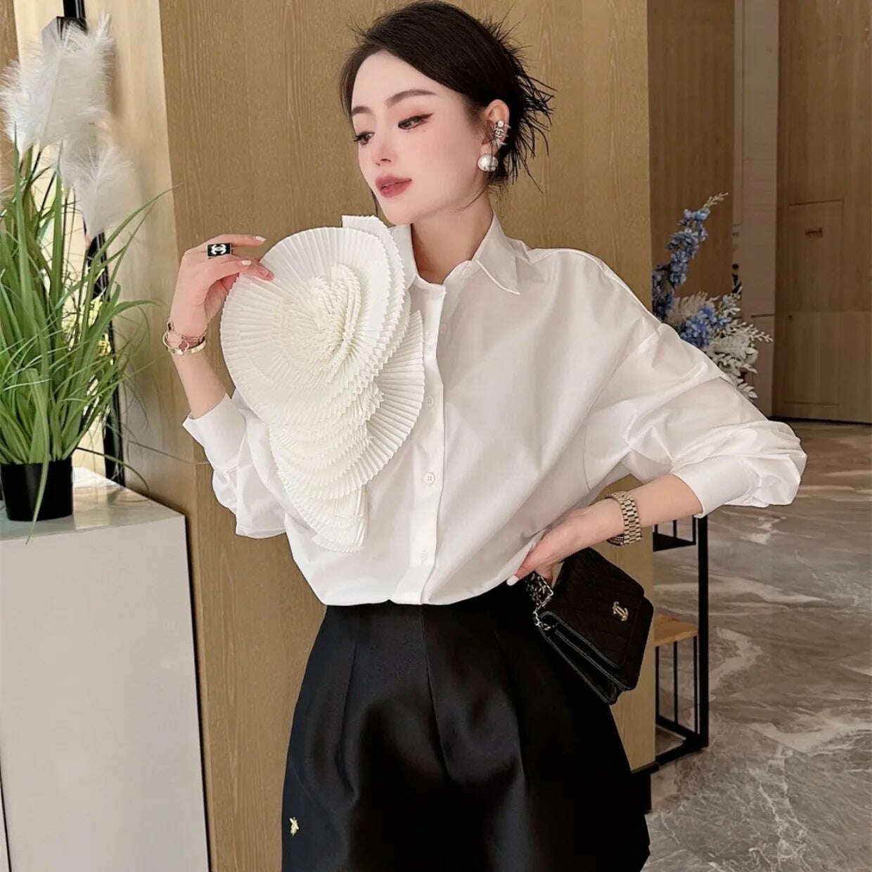 KIMLUD, Women 3D Ruched Large Flowers Shirts Long Sleeved Luxury Pleated Floral Blouses Streetwear Single Breasted Cardigan Tops Blusas, KIMLUD Womens Clothes