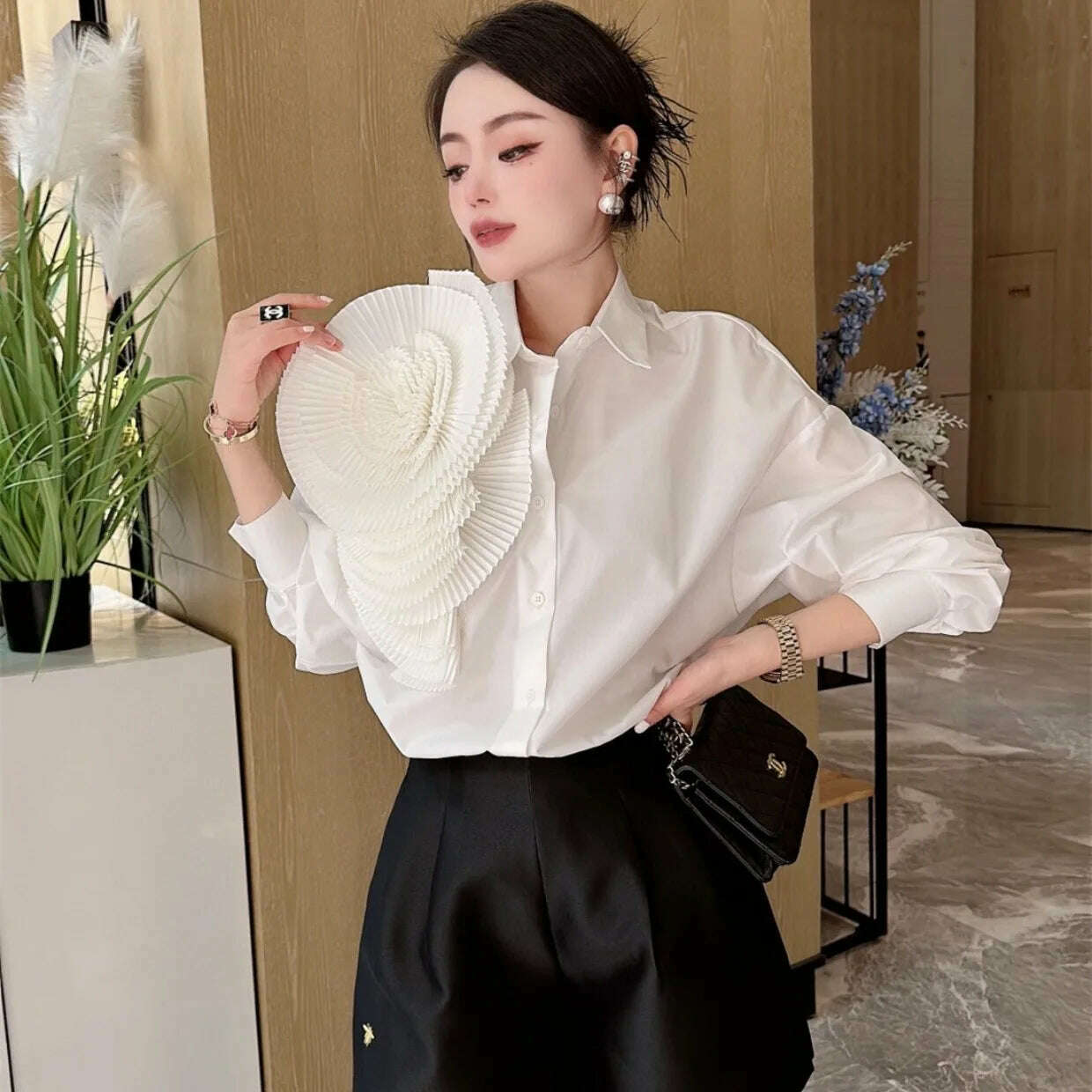 Women 3D Ruched Large Flowers Shirts Long Sleeved Luxury Pleated Floral Blouses Streetwear Single Breasted Cardigan Tops Blusas - KIMLUD