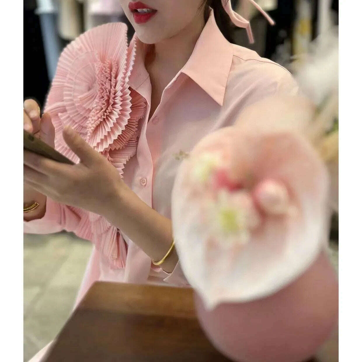 Women 3D Ruched Large Flowers Shirts Long Sleeved Luxury Pleated Floral Blouses Streetwear Single Breasted Cardigan Tops Blusas - KIMLUD