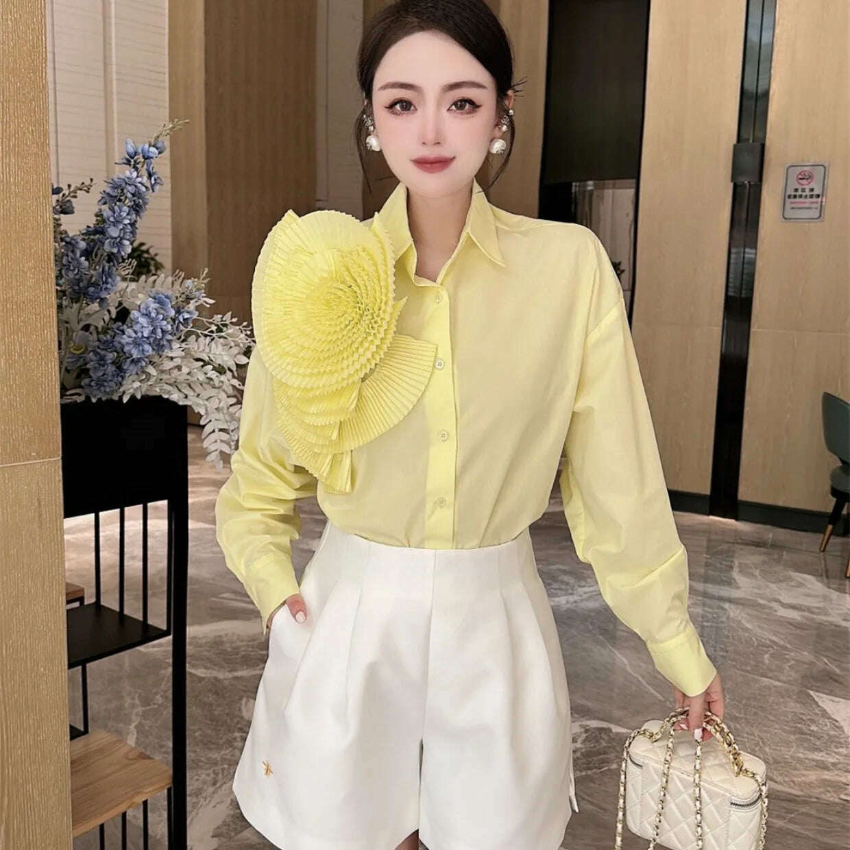 Women 3D Ruched Large Flowers Shirts Long Sleeved Luxury Pleated Floral Blouses Streetwear Single Breasted Cardigan Tops Blusas - KIMLUD