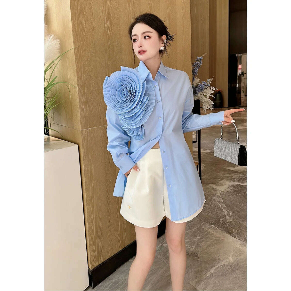 Women 3D Ruched Large Flowers Shirts Long Sleeved Luxury Pleated Floral Blouses Streetwear Single Breasted Cardigan Tops Blusas - KIMLUD