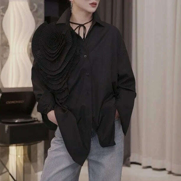 Women 3D Ruched Large Flowers Shirts Long Sleeved Luxury Pleated Floral Blouses Streetwear Single Breasted Cardigan Tops Blusas - KIMLUD