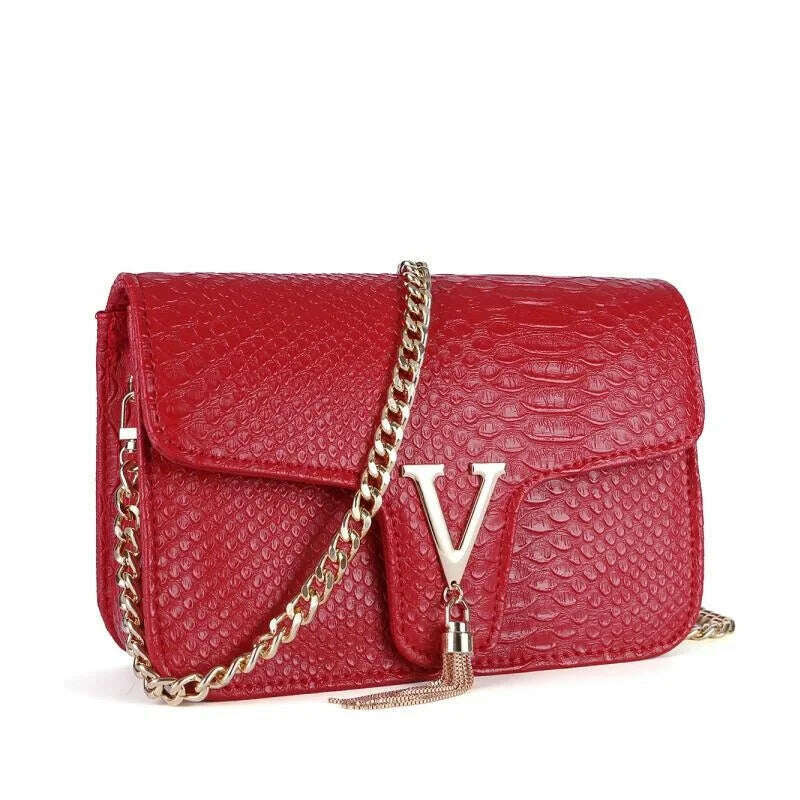 KIMLUD, Women Alligator Crocodile Pattern Crossbody Bags 2022 Luxury Brand Lady Chain Shoulder Bag Gold Orange Blue Handbag Totes Clutch, red, KIMLUD APPAREL - Womens Clothes