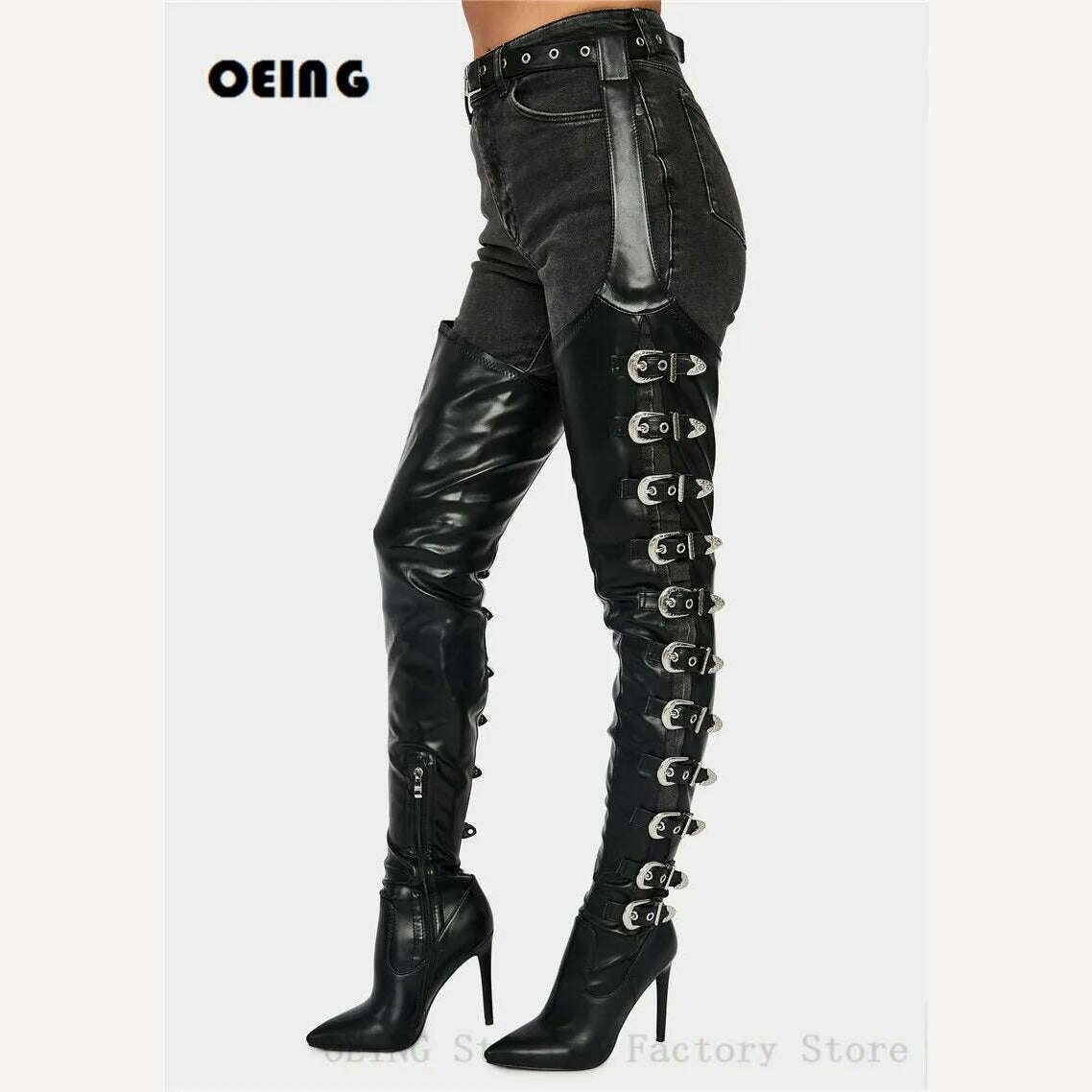 KIMLUD, Women Black Leather Thigh High Chap Boots Sexy Stiletto Heel Side Buckle Belt Boots Pointed Toe Ankle Zipper Botas De Mujer 2021, KIMLUD Womens Clothes