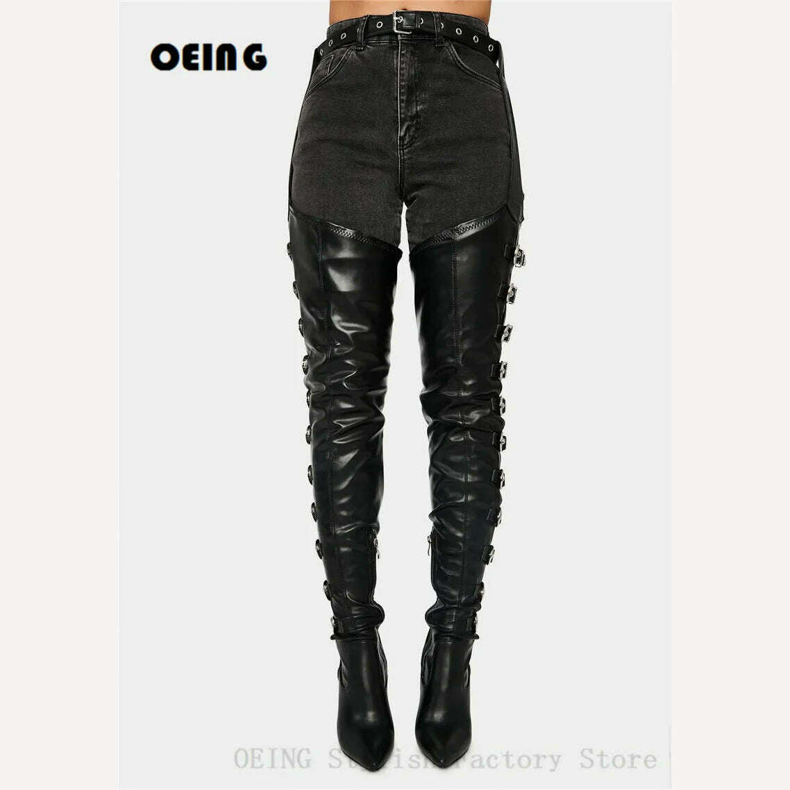KIMLUD, Women Black Leather Thigh High Chap Boots Sexy Stiletto Heel Side Buckle Belt Boots Pointed Toe Ankle Zipper Botas De Mujer 2021, KIMLUD Womens Clothes