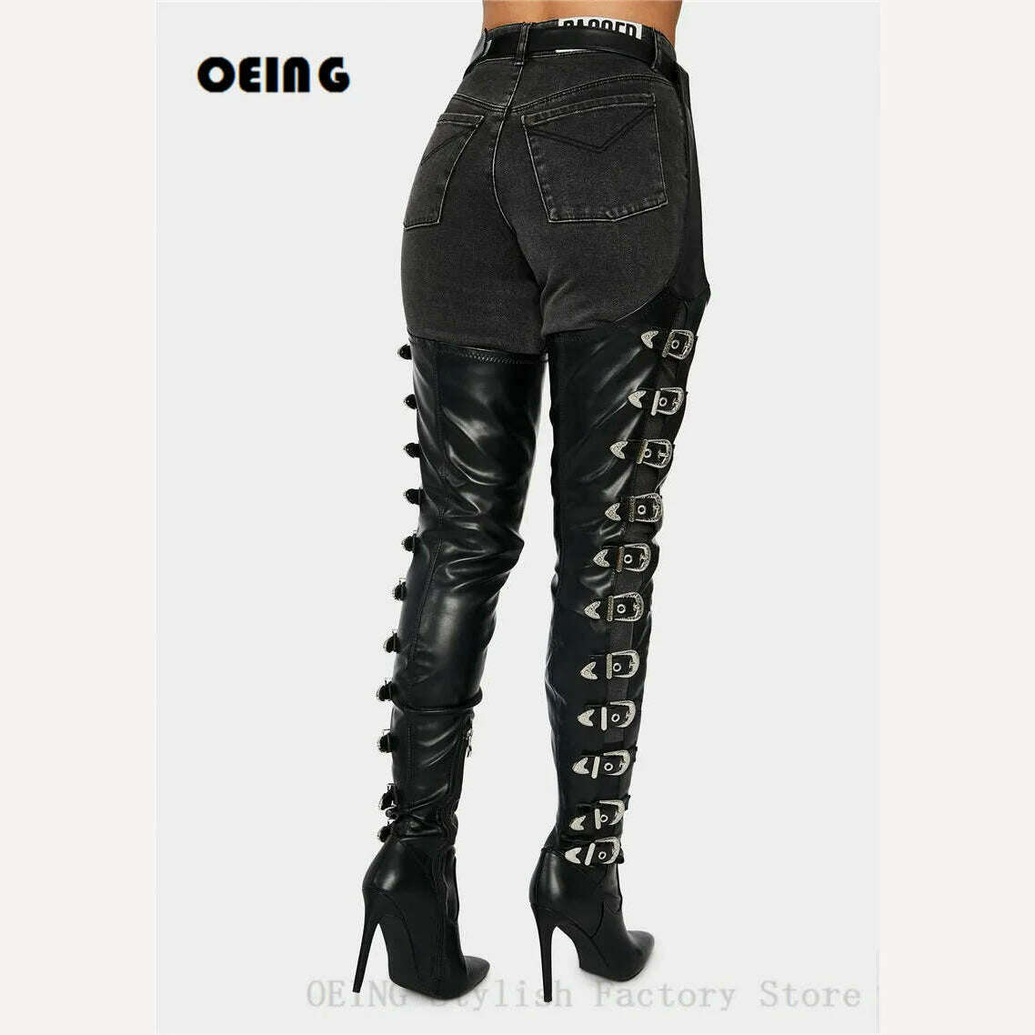KIMLUD, Women Black Leather Thigh High Chap Boots Sexy Stiletto Heel Side Buckle Belt Boots Pointed Toe Ankle Zipper Botas De Mujer 2021, KIMLUD Womens Clothes