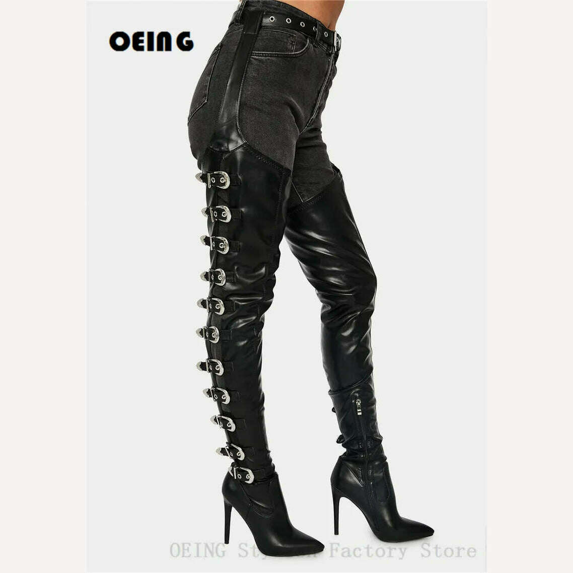 KIMLUD, Women Black Leather Thigh High Chap Boots Sexy Stiletto Heel Side Buckle Belt Boots Pointed Toe Ankle Zipper Botas De Mujer 2021, KIMLUD Womens Clothes