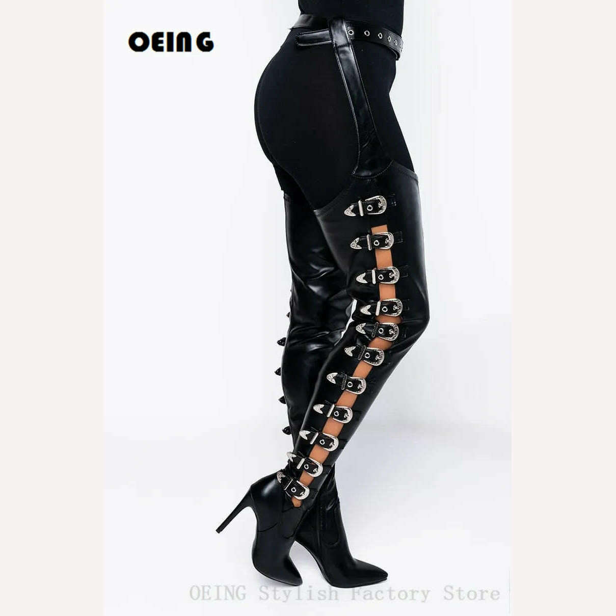 KIMLUD, Women Black Leather Thigh High Chap Boots Sexy Stiletto Heel Side Buckle Belt Boots Pointed Toe Ankle Zipper Botas De Mujer 2021, KIMLUD Womens Clothes