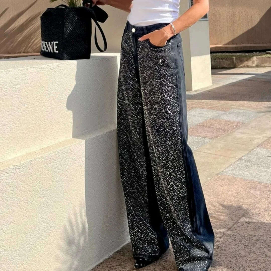 KIMLUD, Women Black New Clothes Jeans rhineston Design Baggy Pants High Waist Wide Legged Casual Hot Y2K Style Women's Jeans Spring 2024, KIMLUD Womens Clothes