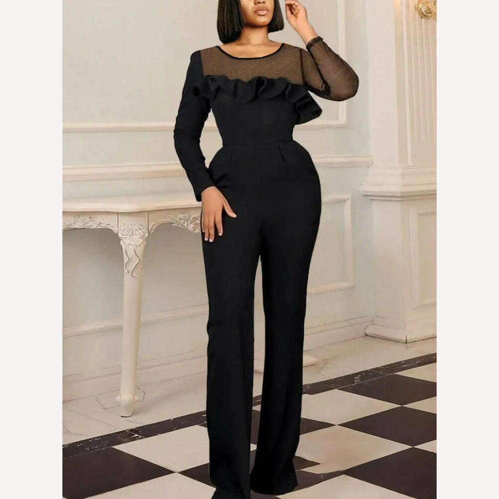 KIMLUD, Women Black Wide Leg Jumpsuits Sequin Mesh Contrast Long Sleeve Ruffles Rompers Long Pant Elegant Fashion One Piece Outfits 4XL, KIMLUD Womens Clothes