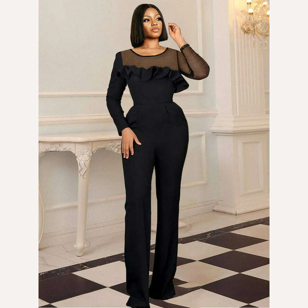 KIMLUD, Women Black Wide Leg Jumpsuits Sequin Mesh Contrast Long Sleeve Ruffles Rompers Long Pant Elegant Fashion One Piece Outfits 4XL, Black / S, KIMLUD APPAREL - Womens Clothes