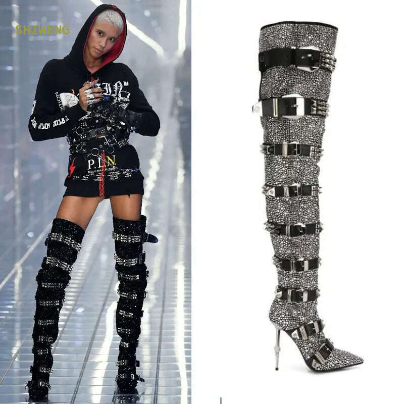 KIMLUD, Women Blingbling Crystal Over The Knee Boots Fashion Thigh High Buckle Strap Boots Lady Runway Rivet Buckle High Heel Shoes 2021, KIMLUD Women's Clothes