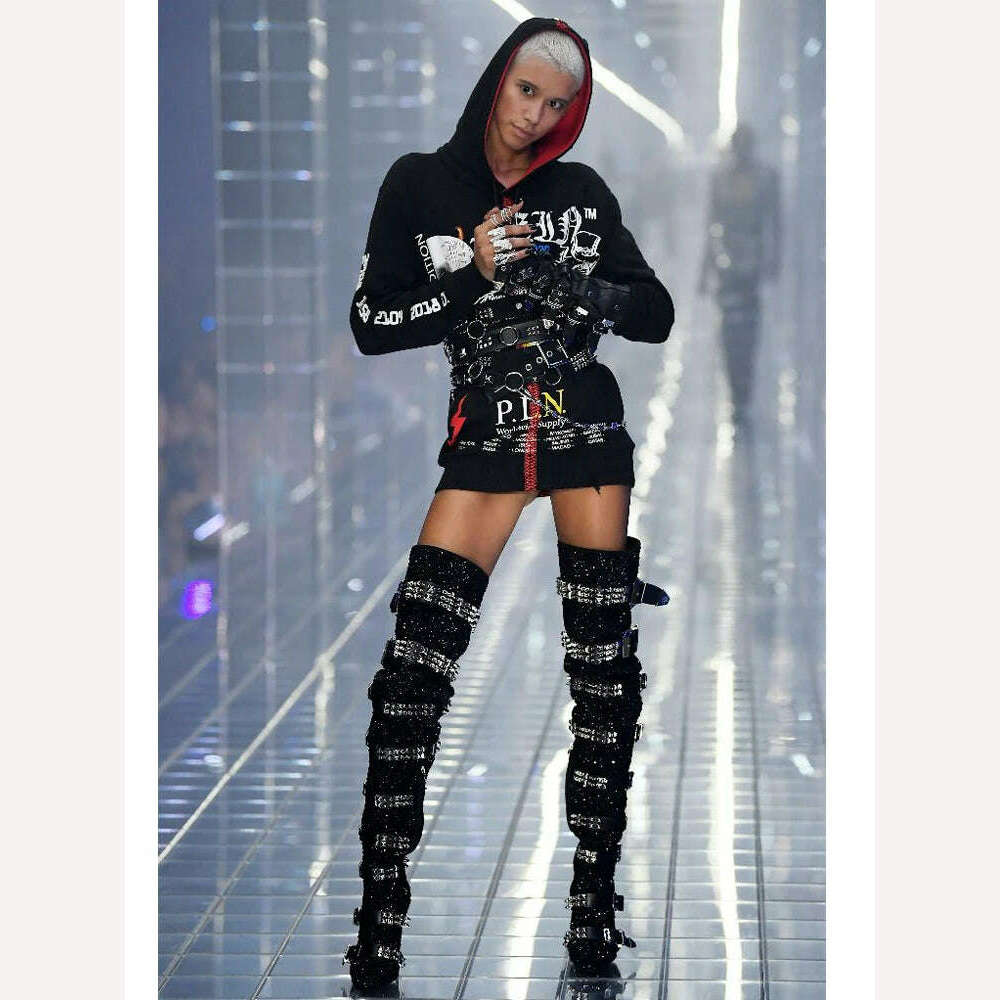 KIMLUD, Women Blingbling Crystal Over The Knee Boots Fashion Thigh High Buckle Strap Boots Lady Runway Rivet Buckle High Heel Shoes 2021, black / 34, KIMLUD APPAREL - Womens Clothes