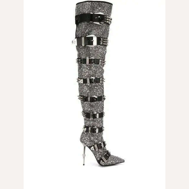 KIMLUD, Women Blingbling Crystal Over The Knee Boots Fashion Thigh High Buckle Strap Boots Lady Runway Rivet Buckle High Heel Shoes 2021, sliver / 34, KIMLUD APPAREL - Womens Clothes