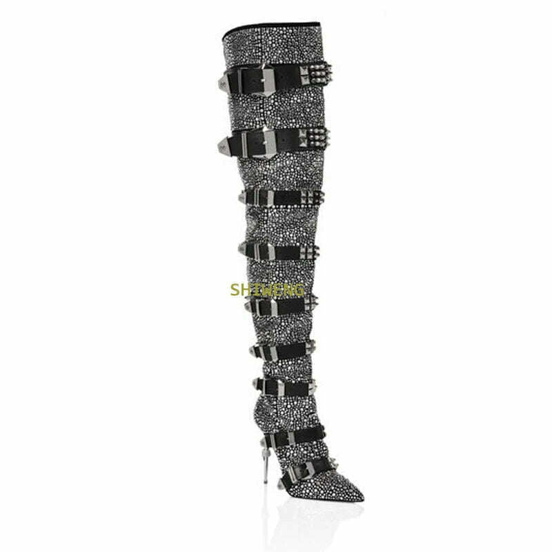 KIMLUD, Women Blingbling Crystal Over The Knee Boots Fashion Thigh High Buckle Strap Boots Lady Runway Rivet Buckle High Heel Shoes 2021, KIMLUD Womens Clothes