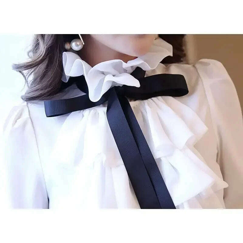 Women Blouse White Shirt Women's Long Sleeve Vintage Ruffled Chiffon Shirt Top Blusas Ropa De Mujer - KIMLUD