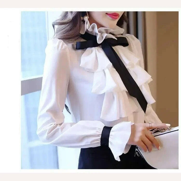 Women Blouse White Shirt Women's Long Sleeve Vintage Ruffled Chiffon Shirt Top Blusas Ropa De Mujer - KIMLUD