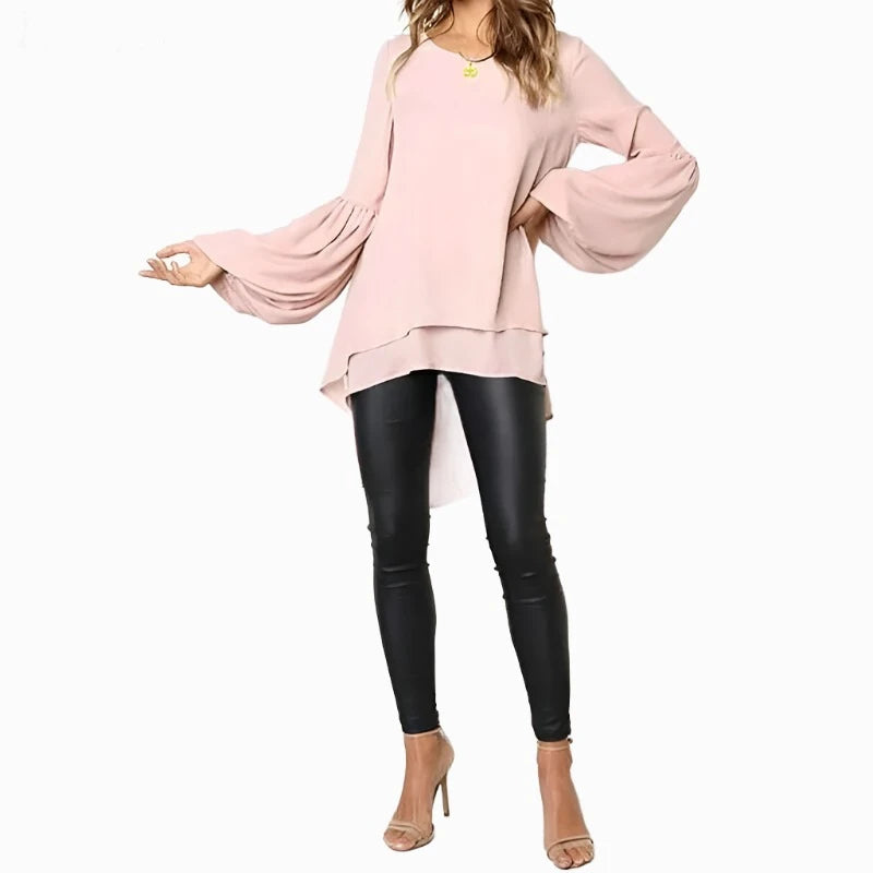 Women Blouse ZANZEA Autumn Crew Neck Lantern SleeveShirt Casual Solid Blusas Femininas Long Tops Tunic Asymmetrical Hem Blouses - KIMLUD