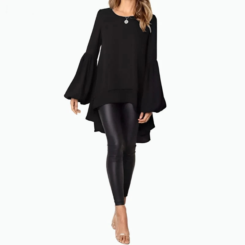 Women Blouse ZANZEA Autumn Crew Neck Lantern SleeveShirt Casual Solid Blusas Femininas Long Tops Tunic Asymmetrical Hem Blouses - KIMLUD