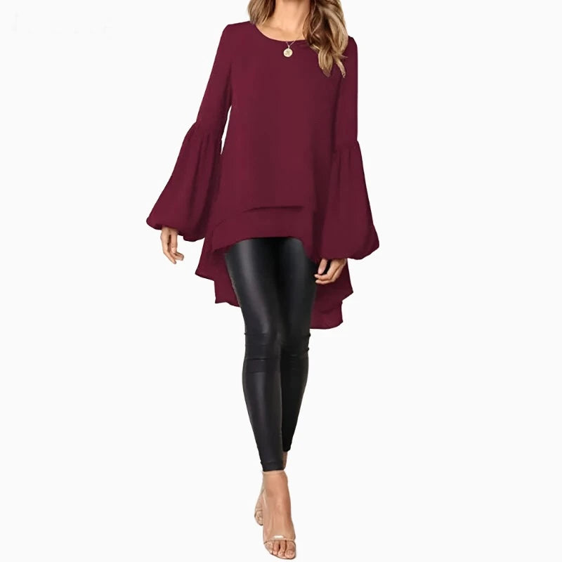 Women Blouse ZANZEA Autumn Crew Neck Lantern SleeveShirt Casual Solid Blusas Femininas Long Tops Tunic Asymmetrical Hem Blouses - KIMLUD